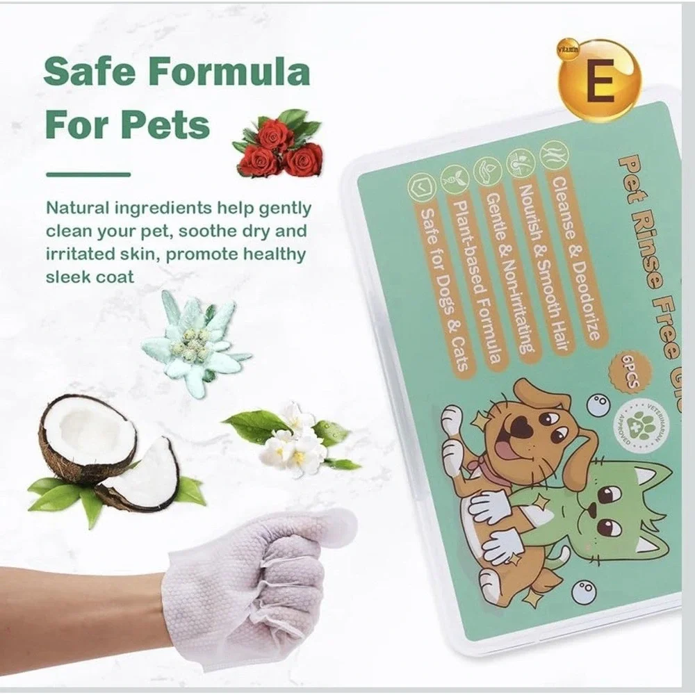 CuteBone Pet Rinse Free Glove Wipe 6 Count for Dogs and Cats Plant-Based Formula